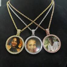 (Customized Product) Customized Small Circular Photo Frame For Boys, Customized Photo Pendant With Full Diamond  Copper Jewelry, Customized Unique Necklace - 彩色 - 查看 10