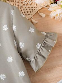 1 pieza Vestido largo de verano con cuello en V, mangas con volantes y estampado floral para niñas - Caqui - Ver 5