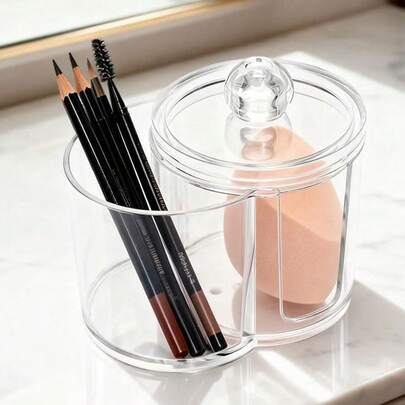 حامل وموزع أعواد القطن ذو حجرتين، منظم القطن الشفاف لتخزين أعواد القطن والكرات والوسادات والخيط السني، غطاء قابل للإزالة لمنع الغبار، إكسسوارات حمام