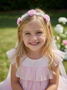 2pcs/Set Pink Rose Flower Crown + Flower Bracelet Set, For Girls, Ice & Snow Themed Wedding, Bridal, Party, Photo Booth Props, Wedding Decor, Flower Crown, Wrist Flower, Valentine's Day Gift, Parent-Child - Pink - View 7