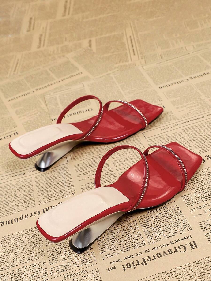 Summer Square Toe Rhinestone Decor Red High Heel Sandals For Women, Casual Backless Mule Sandals - Red - View 1