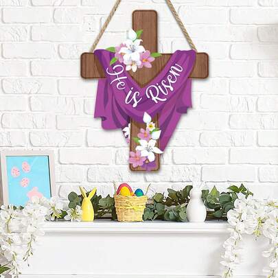 1 Piece. Easter Cross Decorative Door Sign Pendant, Wooden Sign, Religious Floral Easter Wall Decoration, Christian Door Decoration Suitable For Wall Art, Indoor And Outdoor Spring Decoration Hanging.