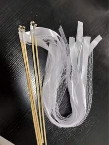 10/20/50支装白色丝带魔法棒，带蕾丝的仙女棒，旋转丝带，金色/银色铃铛，派对助兴道具，婚礼，圣诞礼物 - 白色 - 查看 5