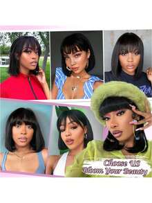 ZHENDEFA Peluca corta y ondulada sin flequillo, sin banda frontal, sin costuras, con una densidad del 180%, color natural, adecuada para mujeres, cabello brasileño liso con trama de máquina, conveniente y rápida - SNatural - Ver 7