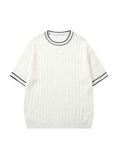 Áo len dệt kim tay ngắn cổ tròn, phối màu, họa tiết sọc, dáng rộng, thoải mái, phong cách công sở, màu trắng, thích hợp cho mùa xuân hè.