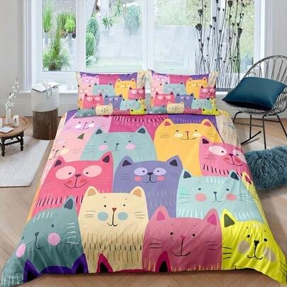 Loussiesd 2/3pcs Cartoon Cats Duvet Cover Set, Cute Kawaii Animal Themed Microfiber Bedding, All-Season Breathable Comforter Cover With Zipper Closure, Digital Print, Machine Washable, Includes Pillowcase - Lovely Pet Room Decor, Ideal Christmas Gift