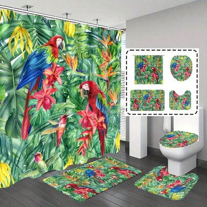 1件/4件套鹦鹉与热带植物图案浴室帘套装，浴帘，浴室装饰，浴垫，浴室套装，礼品，动植物主题装饰，浴室配件，附赠12个挂钩