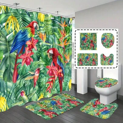 1件/4件套鹦鹉与热带植物图案浴室帘套装，浴帘，浴室装饰，浴垫，浴室套装，礼品，动植物主题装饰，浴室配件，附赠12个挂钩