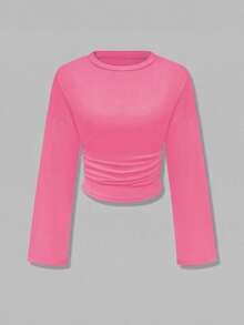 Nueva blusa elegante de manga larga con cuello redondo y volantes de unicolor, adecuada para vacaciones, citas, escuela, viajes y uso diario en primavera - Sandía roja - Ver 6