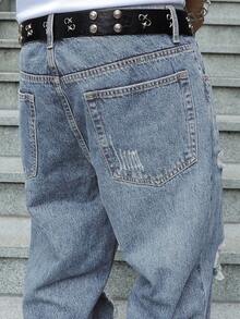 Men's Ripped Jeans Relaxed Fit Straight Leg Distressed Vintage Denim Pants Y2K Hip Hop Skater Streetwear Casual Trousers - 淺色水洗藍 - 查看 8