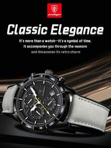 POEDAGAR 1件男士时尚休闲石英日历计时腕表，PU皮表带，防水夜光，适合日常佩戴，男士礼物 - 黑色 - 查看 5