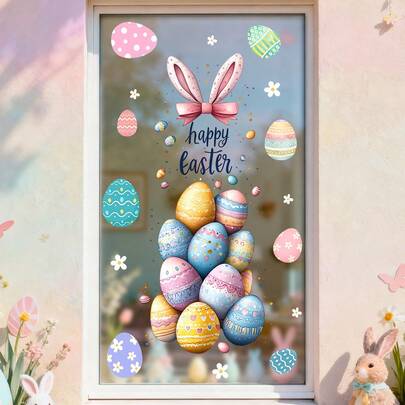 1/2pcs Window Electrostatic Adsorption Film. Removable Waterproof PVC. Features Easter Egg Decorations And Bunny Ears With "Happy Easter". Suitable For Living Room And Home Decor; Reusable.