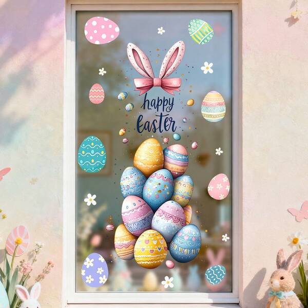 1/2pcs Window Electrostatic Adsorption Film. Removable Waterproof PVC. Features Easter Egg Decorations And Bunny Ears With "Happy Easter". Suitable For Living Room And Home Decor; Reusable.