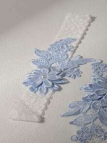 2pcs/Set Fashionable Court-Style White Lace Blue Faux Pearl Flower Romantic Wedding Bridal Bridesmaid Sexy Garter Belt With Body Chains & Thigh Chains (Random Pattern) Valentine's Day Valentines - 銀色 - 查看 3