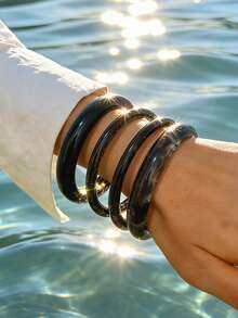 4 peças/3 peças Conjunto Vintage Punk Geométrico Assimétrico Pulseira de Resina Marrom, Café, Azul, Amarelo Acrílico Semi-Transparente Espessa, Personalizada Minimalista Elegante Adequada para Mulheres e Homens, Presente para Festa, Jantar, Dia a Dia (Padrão de Resina Aleatório) - Multicolorido - Visão 8