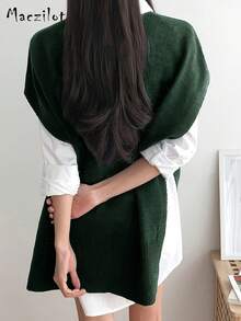 大码女式套头毛衣，休闲舒适V领无袖针织上衣 - 墨綠色 - 查看 5