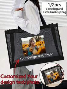 Customized Mesh Tote Bag And Cosmetic Bag Set, DIY Custom Text/Image, Your Exclusive Personalized Design (Name, Logo, Text), Foldable Large Capacity Women's Bag, Multifunctional Travel Portable Bag - Multicolor - View 1