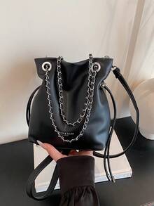 1pc Black Bucket Bag, New Fashionable Minimalist Solid Color PU Leather Shoulder Crossbody Bag For Women - Black - View 2