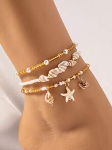 3pcs/Set Bohemian Style Beaded Anklet Set, Starfish & Shell Pendant Anklets, Summer Beach Holiday Party Accessory - Style 2 - View 4