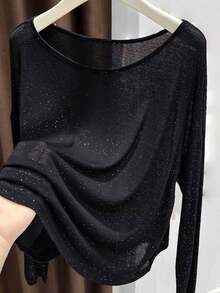 闪亮透明长袖T恤，女士轻薄宽松防晒罩衫，适合春夏休闲穿着 - 黑色 - 查看 4