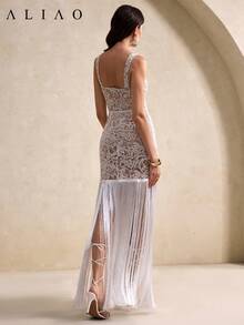 Aliao 精美佩斯利刺绣网纱拼接流苏收腰长裙，新年、情人节、优雅女士、海滩装、感恩节装、毕业典礼、音乐会女装、早午餐女装、端庄女装、复古风格、女士连衣裙、舞会礼服、返校节礼服、宫廷风白色夏季 - 白色 - 查看 6