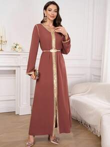 雪纺V领金色蕾丝超长阿拉伯风格女士长裙 - 棕色 - 查看 5