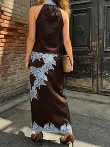 Women's Summer 2 Piece Satin Outfit Stylish Lace Patchwork Sleeveless Deep V Neck Satin Tops And Long Skirt Set - 咖啡棕 - 查看 3