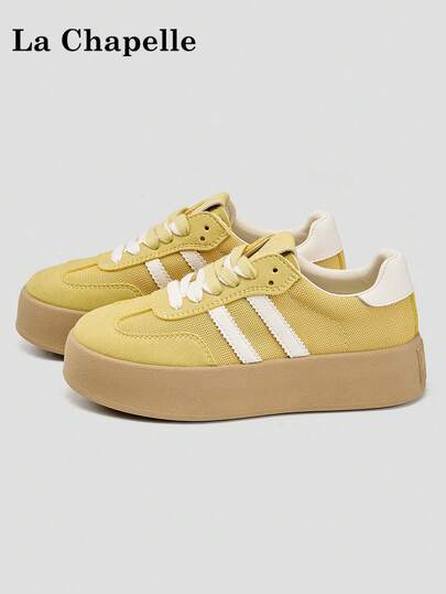 1 par de zapatos casuales de suela gruesa con cordones y suela blanda para mujer de La Chapelle, zapatos planos de exterior de puntera redonda y tacón bajo antideslizante de unicolor elegante y suave, adecuados para estudiantes, fotos de graduación, zapatos planos, zapatos deportivos de cuero de caña baja para mujer para patineta