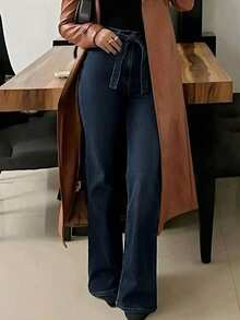 Quần jeans ống loe ôm vừa vặn màu tối thời trang có thắt lưng buộc eo, phong cách đi làm - Rửa tối - Xem 2