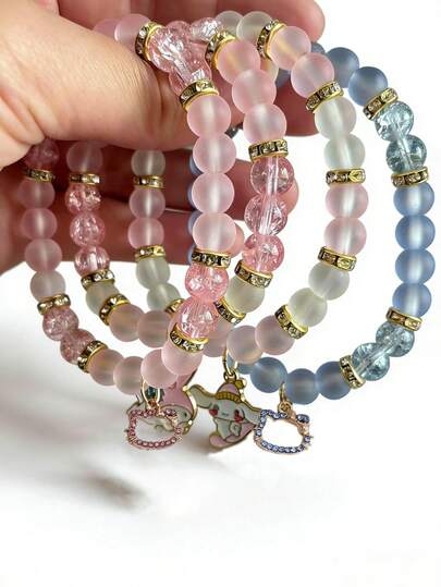Sanrio 1 pieza Pulsera con cuentas de gatito, pulsera con colgante de perlas de vidrio esmerilado con diseño de dibujos animados, pulsera de dulce y linda para mujeres