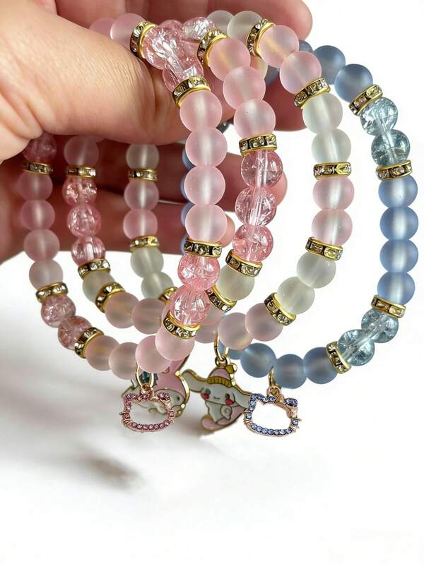 Sanrio 1 pieza Pulsera con cuentas de gatito, pulsera con colgante de perlas de vidrio esmerilado con diseño de dibujos animados, pulsera de dulce y linda para mujeres