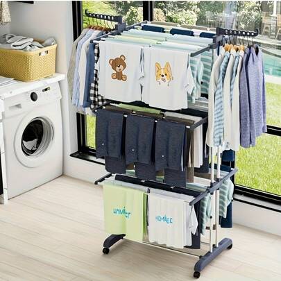 Senmeo 1-Pc  4-Tier Metal Drying Rack - Foldable Rolling Design, 30+ Garments, Nursery/Bathroom Freestanding, Durable