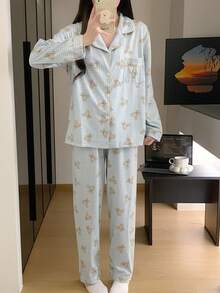2 pièces Ensemble de pyjama pour femme, motif ours bleu, pantalon à simple boutonnage, manches longues, ample, vêtement de nuit et d'intérieur convenant pour un usage domestique. Ensemble de pyjamas femme à manches longues, adapté pour le printemps et l'automne. - Bleu et Blanc - Voir 8