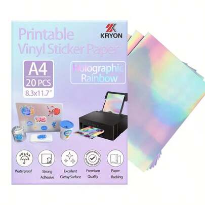420 hojas de papel adhesivo holográfico imprimible, compatible con impresoras de inyección de tinta y láser, papel adhesivo de vinilo brillante, secado rápido, 21 x 29 cm, colores arcoíris