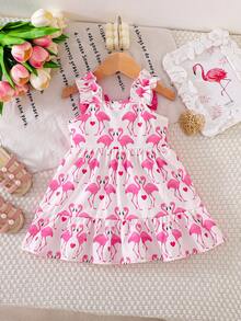 Baby Girl Flamingo Print Sleeveless Dress With Double Ruffle Hem + Bow Shoulder Design, Cute Pink Series, Spring/Summer - Pink - View 2