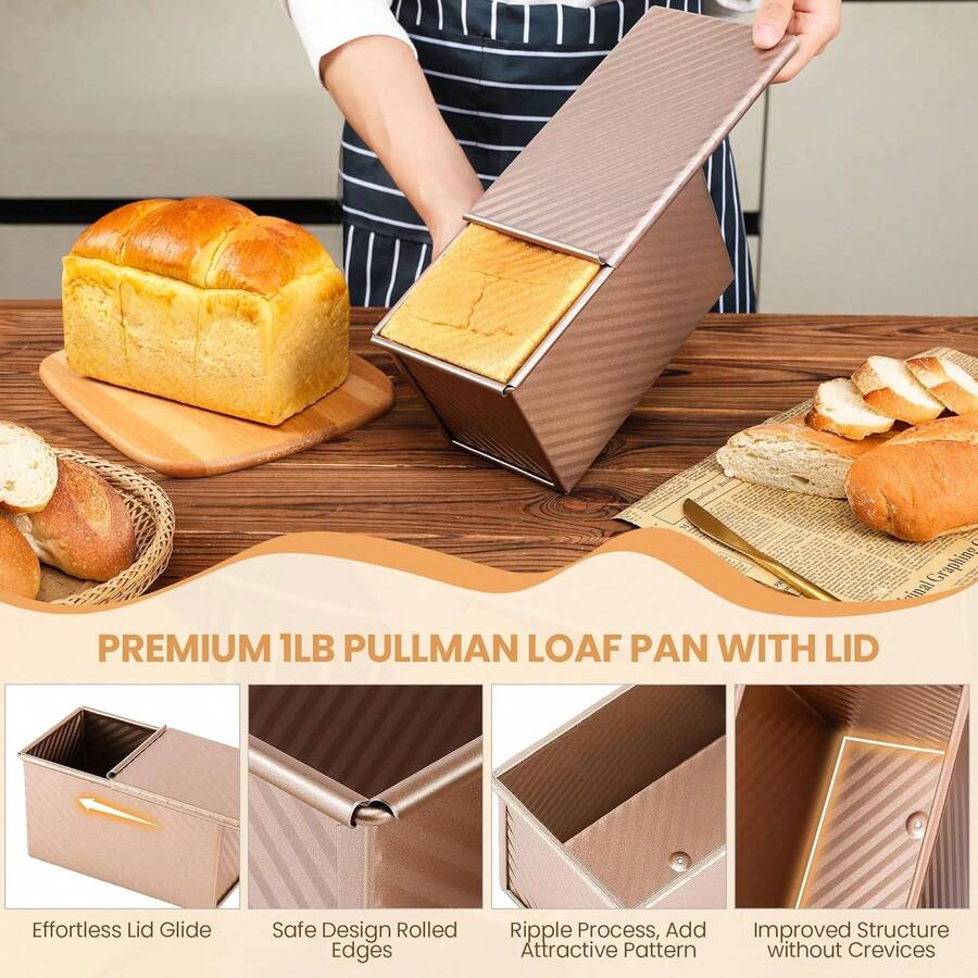 Corrugated Bread Pan With Lid, Ensures Even Heat Distribution & Nonstick Release, Perfect For Homemade Bread - Gold - View 1