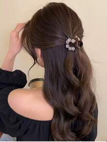 4厘米仿珍珠水钻发夹，优雅花朵设计半圆形发饰，奢华咖啡色半圆形发夹，优雅爪夹，夏季沙滩花朵发爪，度假发夹 - 彩色 - 查看 5