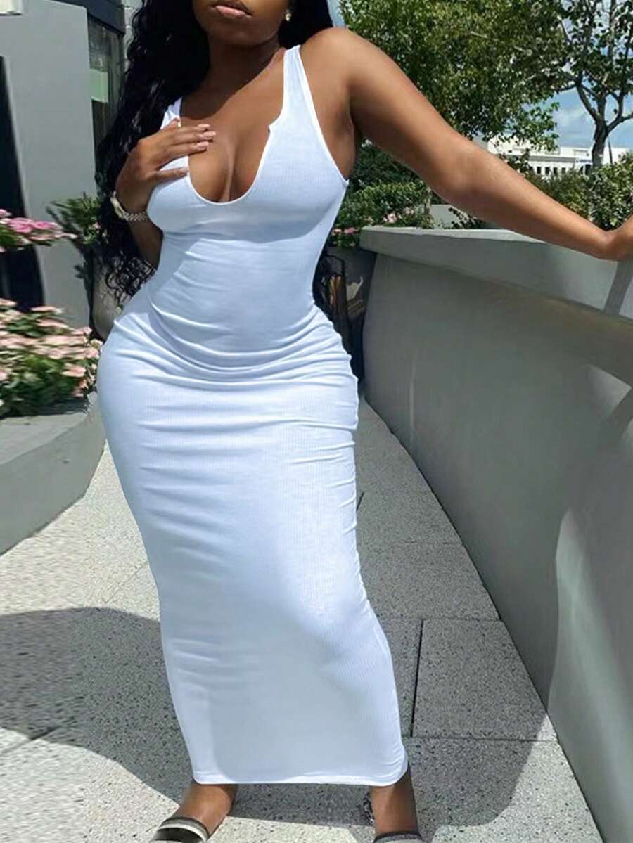 时尚深V领修身罗纹迷你连衣裙，性感街头风休闲白色派对装扮 - 白色 - 查看 1