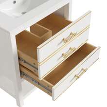White Bathroom Vanity Unit With Ceramic Sink – Freestanding Bathroom Vanity Unit With 2 Drawers And Open Compartment, High-Quality MDF Board With Lacquered Finish, Gold Handles, Without Tap Or Drain - White - View 8