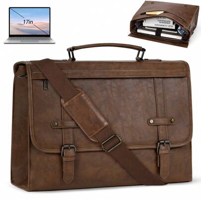 NEWHEY 17 Inch Men's PU Leather Laptop Bag, Men's Briefcase, Men's Waterproof Messenger Bag, Men's Shoulder Laptop Bag, Work Bag