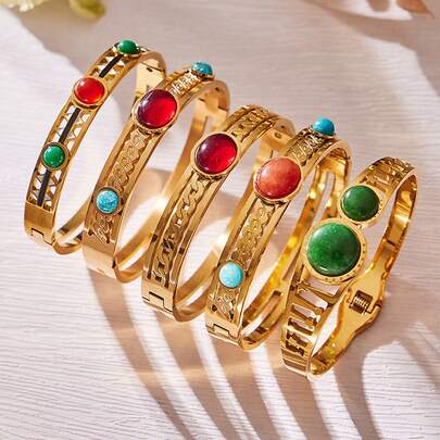 S SHOPBOHO 1pc Middle East Inspired Stainless Steel Vintage Red Agate Gemstone Bracelet Statement Bangle Bracelet For Women