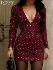 DONICY 女士性感波点长袖紧身迷你连衣裙，复古风格，适合派对和约会 - 酒紅色 - 查看 3