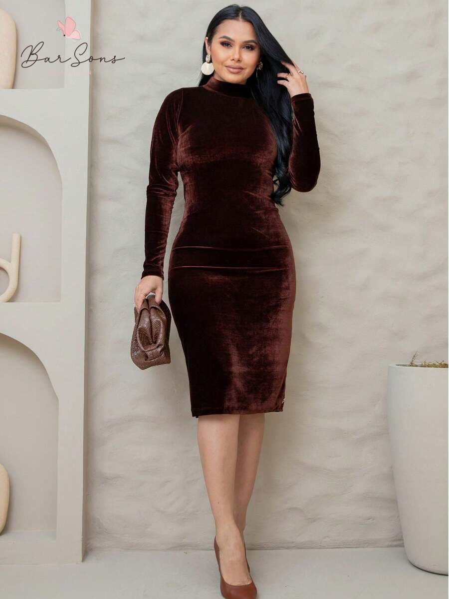 Crystal Velvet Long Sleeve Midi Dress Autumn Winter - Rust Brown - View 1