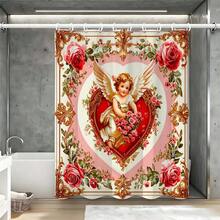 ستارة دش بتصميم قلب كيوبيد الورد الأنيق مع خطافات، ستارة حمام رومانسية فيكتورية، ستارة حمام مزينة بإطار كيوبيد والزهور لديكور حمام عيد الحب، إكسسوارات حمام فاخرة باللون الذهبي، لوازم حمام منزلية أنيقة كلاسيكية، ستارة حمام احتفالية رسمية، ديكور منزلي لا يزول، ستارة حمام فاخرة عالية الجودة - أحمر وأبيض - مشاهدة 11