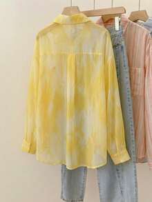 YUXIN 女士甜美扎染轻薄透视衬衫，宽松透气休闲/度假长袖上衣，春夏款 - 黃色 - 查看 4