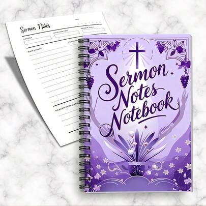 دفتر مذكرات مدمج بمقاس 5.5 * 8.3 بوصة لتسجيل معلومات متعلقة بالعظة، يتضمن غلاف ديني بتصميم صليب وإناء بتدرج بنفسجي، يمكن تسجيل موقع الكنيسة، وقت ووقت العظة والنقاط الرئيسية وتأملات الصلاة، هدية عيد ميلاد أو مناسبة مثالية للمؤمنين وعشاق العظات