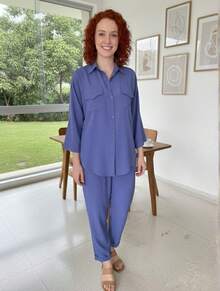 Women's Set: Pants And Shirt With Elastic Waistband, Comfortable, Casual, And Stylish For Everyday Wear. - 霧霾藍 - 查看 1