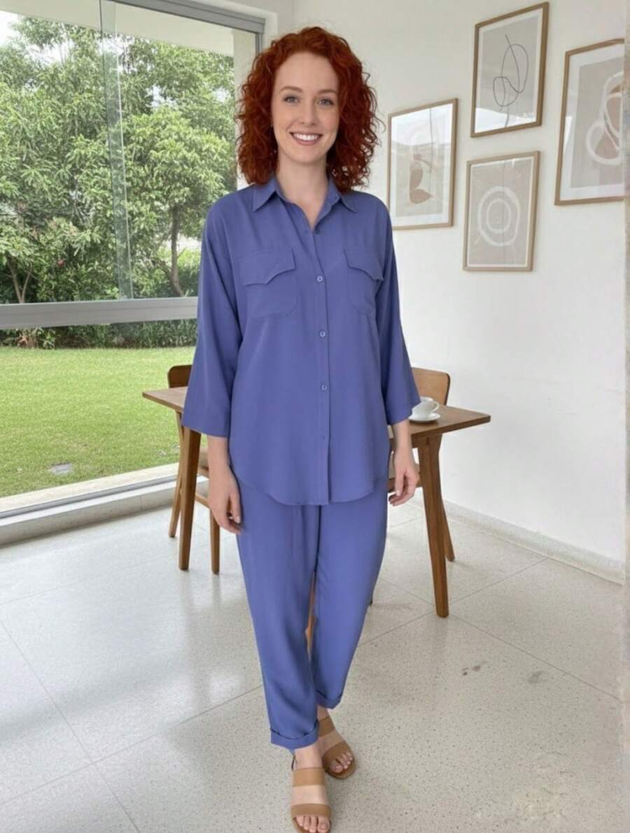 Women's Set: Pants And Shirt With Elastic Waistband, Comfortable, Casual, And Stylish For Everyday Wear. - 霧霾藍 - 查看 1