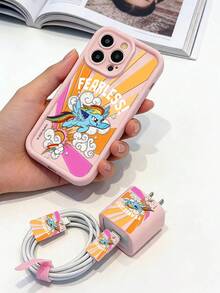 Set de 5 piezas Funda de teléfono con diseño de dibujos animados rosa + Cable de datos a juego, Licencia oficial de Hasbro, compatible con series iPhone 17, 16, 15, 14, 13, 12, 11 - Rosa - Ver 2
