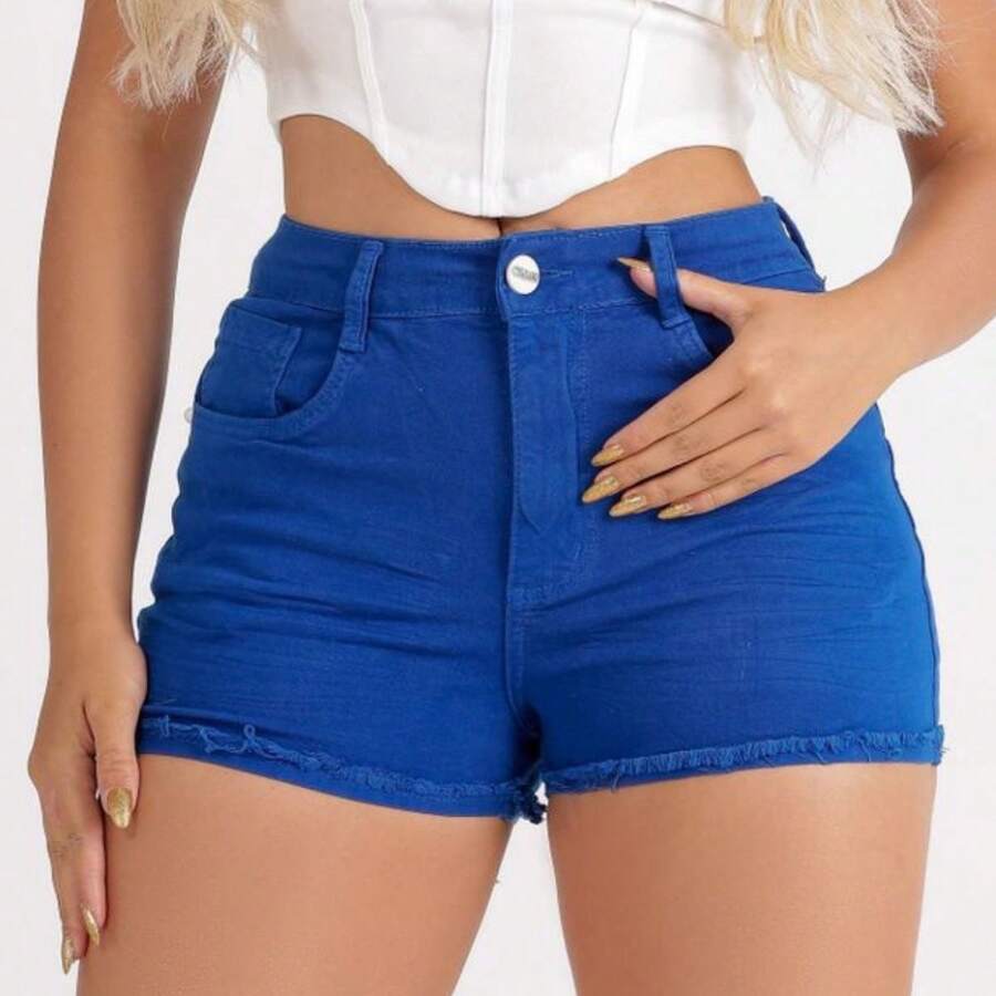 1523 - Colored Denim Shorts With Elastane, High Waist, Frayed Hem - Màu xanh lam - Xem 1